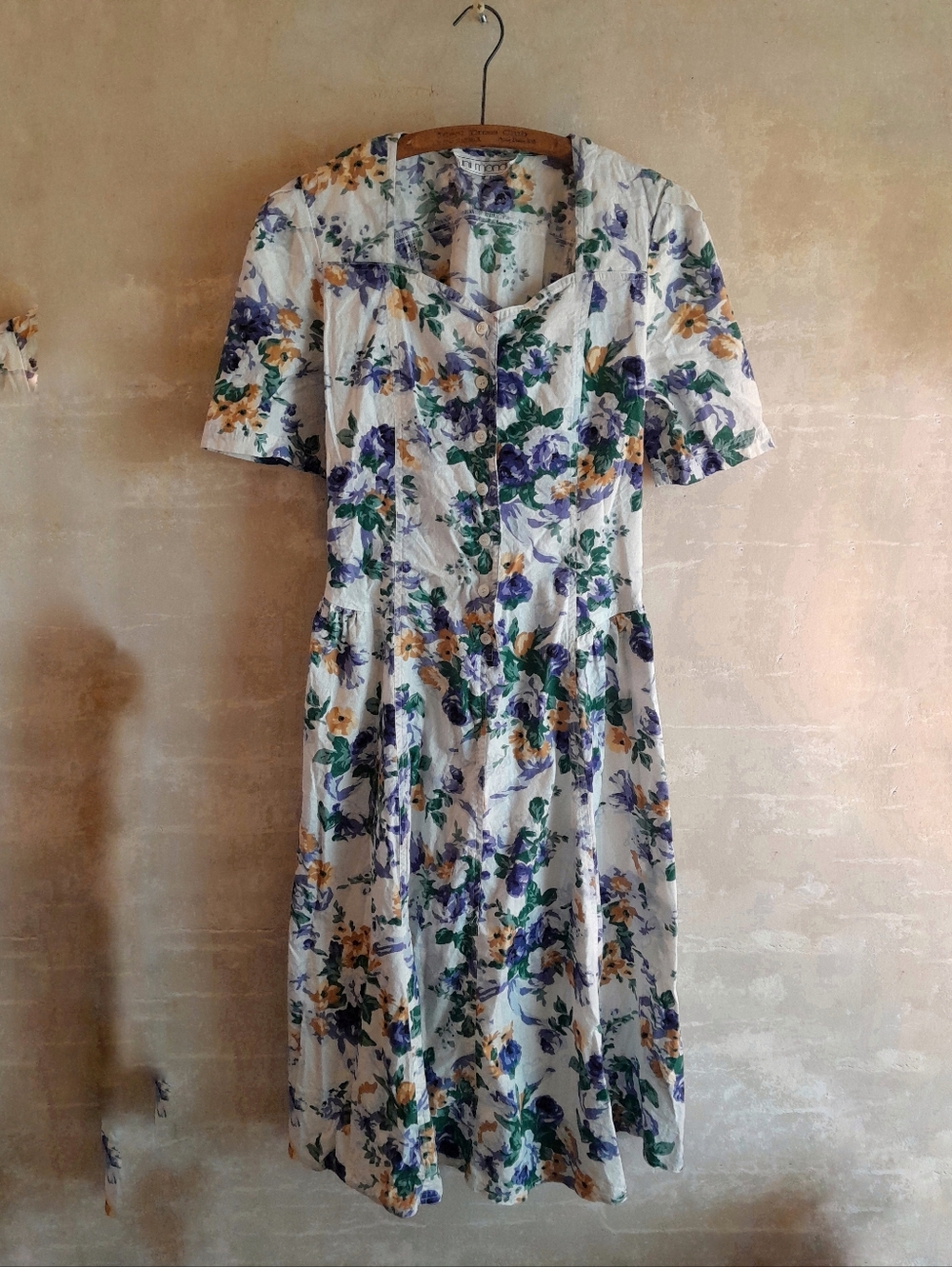 546a. white & blue vintage Uni Mondo floral short sleeve 80s 90s midi dress, M? - Picture 5 of 8